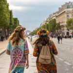 Deux hippies marchant le long d'un boulevard parisien.