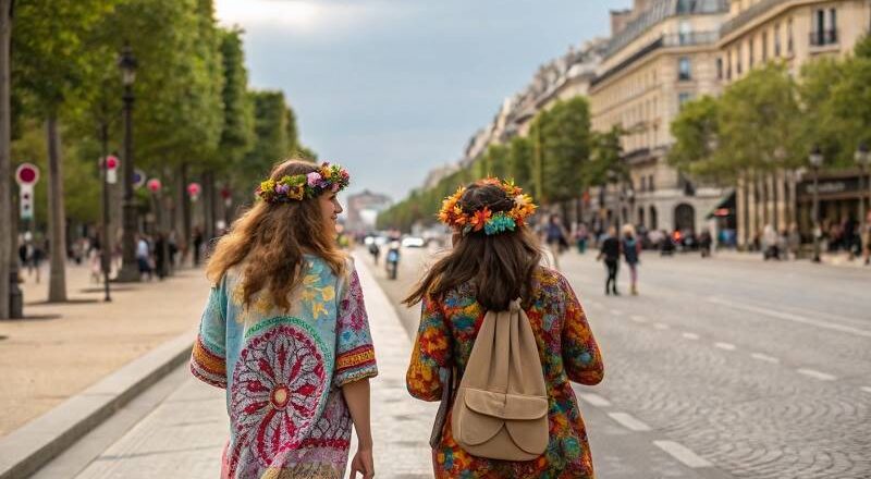 Deux hippies marchant le long d'un boulevard parisien.