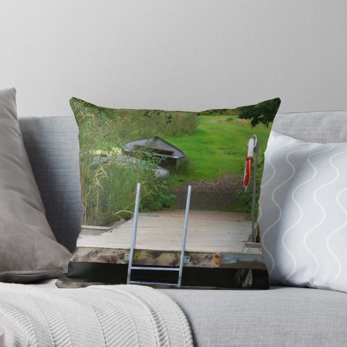 Small pier with ladder and rowing boat on land